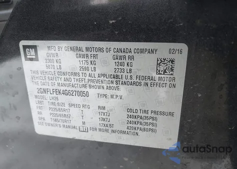 2016 Chevrolet Equinox Lt из США, поврежденный, VIN 2GNFLFEK4G6270050